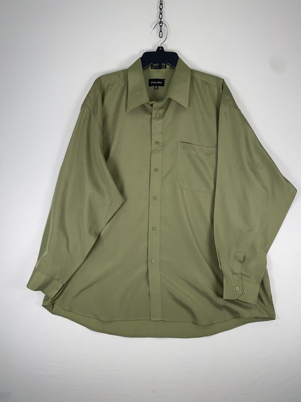 George Martin Dress Shirt Mens 2XL 18.5 38/39 Green Solid Long Sleeve Pocket
